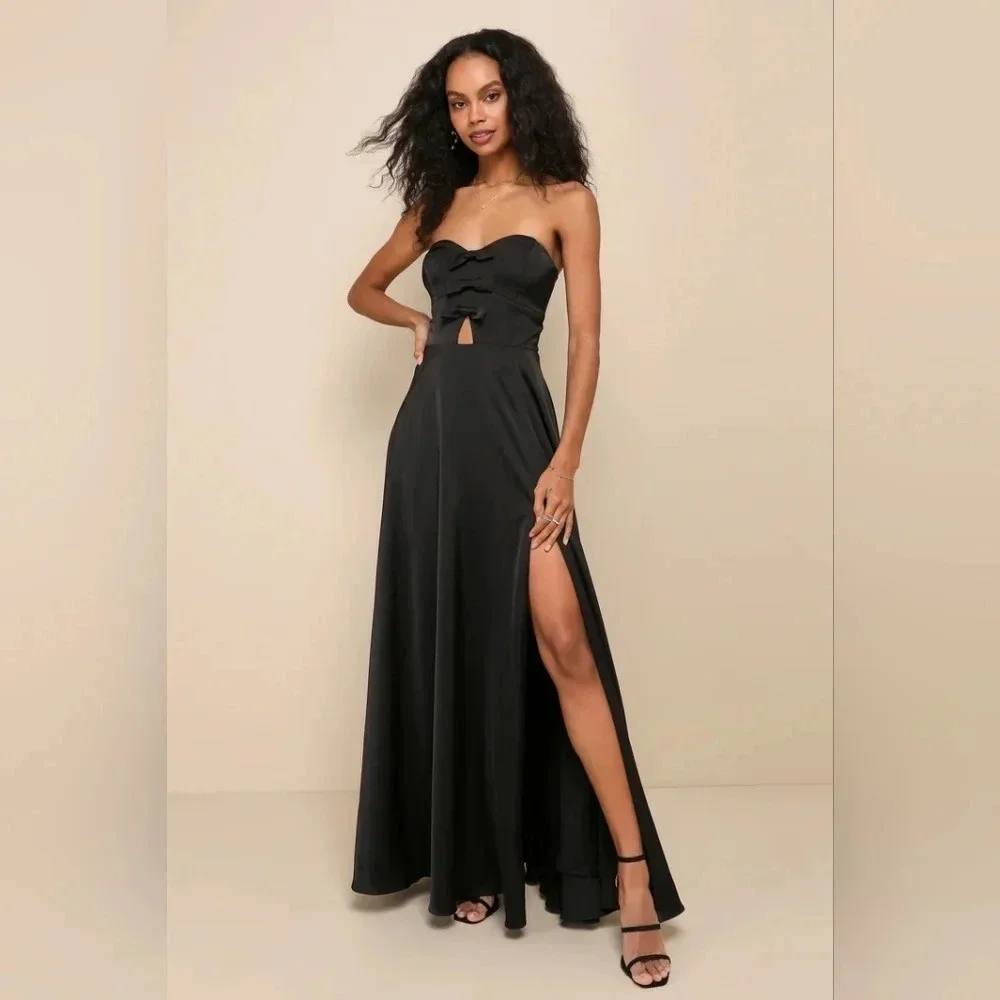 Lulu's Upscale Poise Black Satin Bow Strapless Maxi Dress Wedding Party Guest - Picture 2 of 12